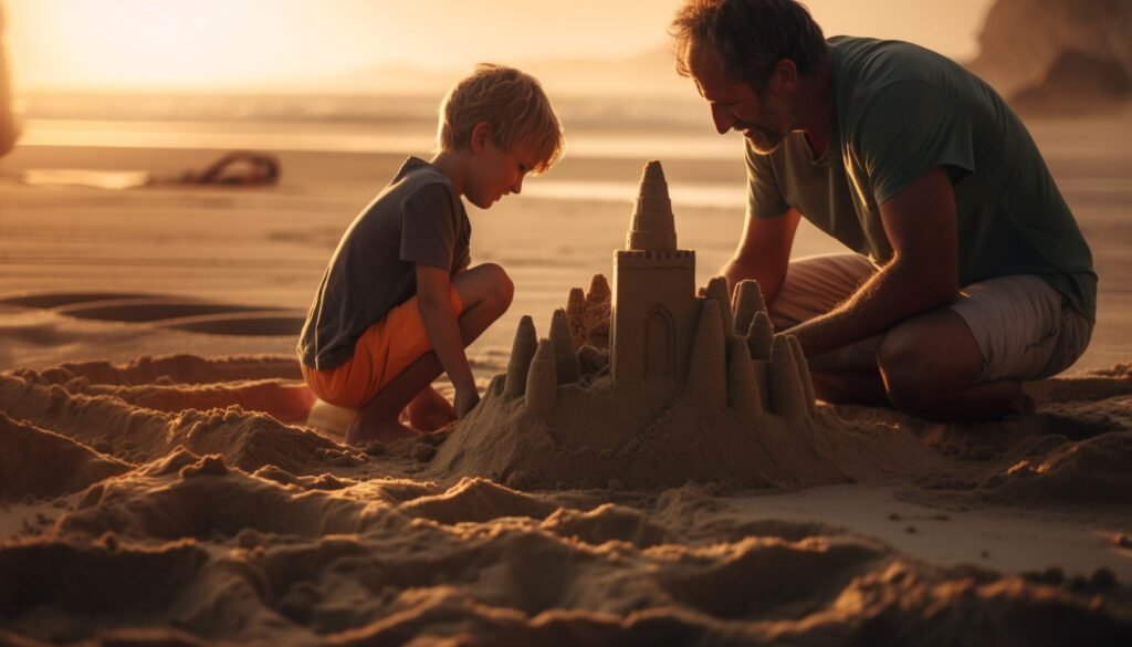 pai e filho riem construindo castelos de areia gerados por ia